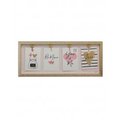 marco con broches WDC6625 50x20 cm con fondo rosa con corazones para 4 fotos de 10x15